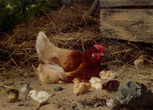 Painting Code#5648-Maes, Eugene Remy(Belgium): A Hen And Chickens
