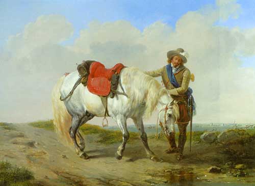 Painting Code#5658-Verboeckhoven, Eugene Joseph: A Cavalier Watering his Mount
