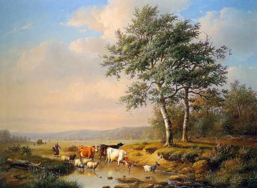 Painting Code#5662-Verwee, Louis Pierre(Belgium): An Extensive Landscape with Cattle Watering
