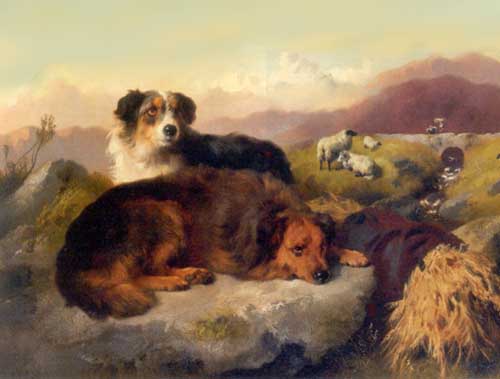 Painting Code#5710-George Horlor - Sheepdogs Resting in Mountain Landscape