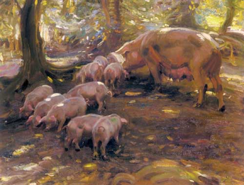 Painting Code#5712-Munnings, Sir Alfred James(UK) - Pigs in a Wood