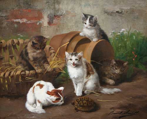 Painting Code#5725-Alfred Arthur Brunel de Neuville - Kitties in the Garden