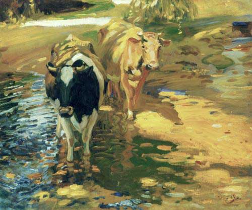 Painting Code#5738-Munnings, Sir Alfred James(UK) - Cows in a Stream