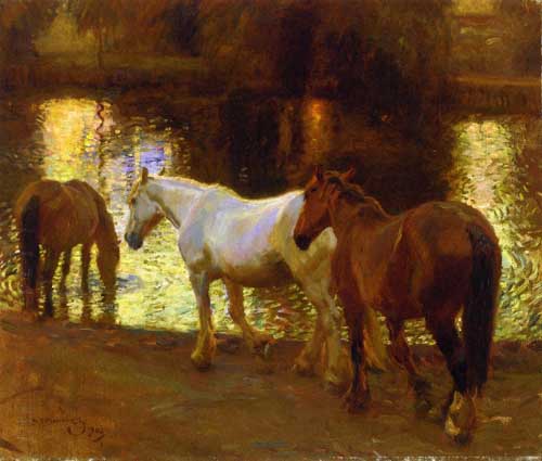 Painting Code#5741-Munnings, Sir Alfred James(UK) - The Ford at Dusk