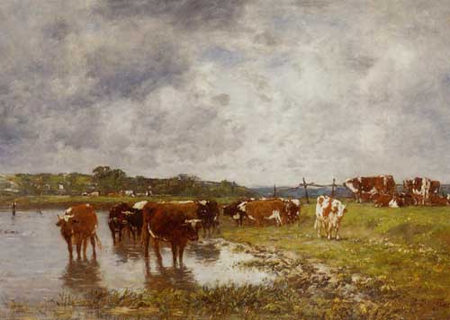 Painting Code#5742-Eugene-Louis Boudin - Cows in a Meadow on the Banks of the Toques