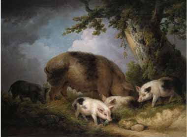 Painting Code#5833-Henry Alken - A Sow and Her Four Piglets in a Wooded Landscape