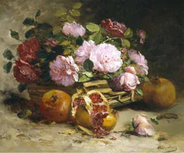 Painting Code#6007-Eugene Henri Cauchois - Still Life of Roses and Pomegranates