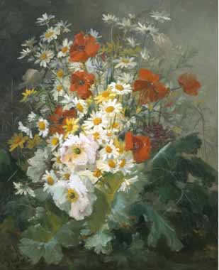 Painting Code#6009-Pierre Gontier - Still Life of Daisies and Poppies