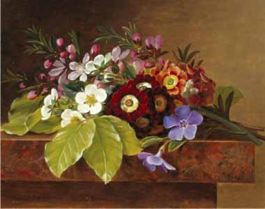 Painting Code#6014-Johan, Laurentz Jensen - Bouquet of Apple and Cherry Blossoms, and Primula