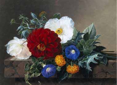 Painting Code#6015-Johan, Laurentz Jensen - Dahlia with White Poppies, Cherianthus and Morning Glories