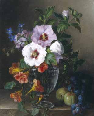 Painting Code#6018-Julie Guyot - Still Life of Hibiscus and Nasturtium in a Glass Vase