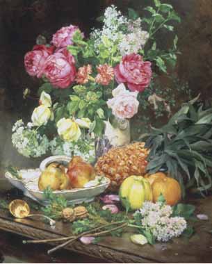Painting Code#6019-Louis De Schryver - Still Life of Flowers and Fruit