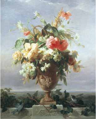 Painting Code#6021-Edouard Rosenmuller - Elegant Vase of Flowers on a Ledge