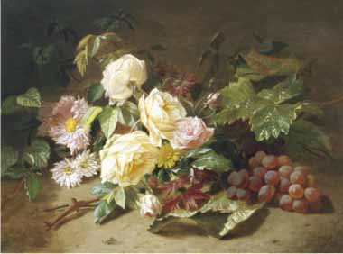 Painting Code#6024-Henri Robbe - Still Life with of Summer Flowers and Grapes