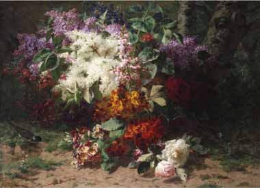 Painting Code#6031-Arnold Boonen - A Floral Still Life in a Wooded Landscape