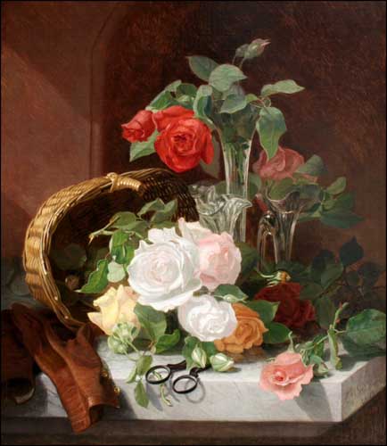 Painting Code#6053-Stannard, Eloise Harriet - A Still Life of Flowers in a Glass Epergne on a Marble  Ledge