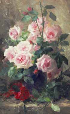 Painting Code#6058-Frans Mortelmans - Still Life of Pink Roses