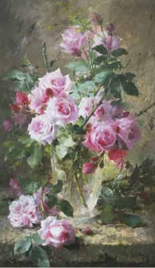 Painting Code#6059-Frans Mortelmans - Still Life with Pink Roses in Glass Vase