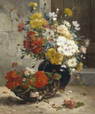 Painting Code#6072-Eugene Henri Cauchois - Still Life of Summer Flowers