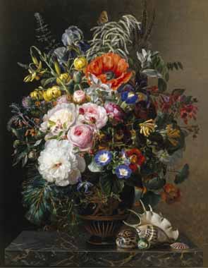Painting Code#6080-Jensen, Johan Laurentz - Poppy, Peonies, Roses and Naturtiums in a Greek Vase