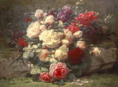 Painting Code#6084-Robie, Jean-Baptiste(Belgium) - Bouquet of Pink Roses and Scented Stocks