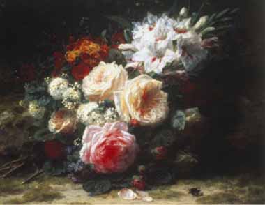 Painting Code#6091-Robie, Jean-Baptiste(Belgium) - Still Life of Pink Roses and Azalea