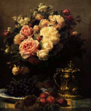 Painting Code#6119-Robie, Jean-Baptiste - Roses, Plate of Grapes and Plums