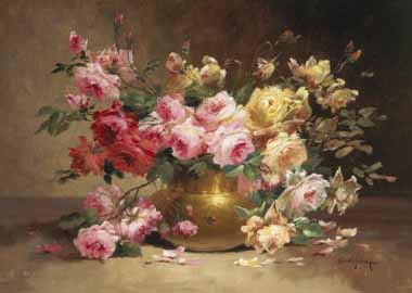 Painting Code#6121-Alfred Godchaux - Rich Still Life of Pink and Yellow Roses