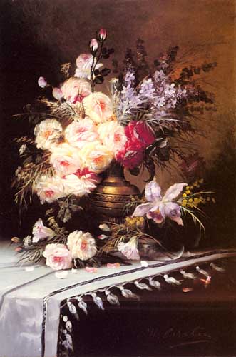 Painting Code#6131-Carlier, Modeste(Belgium): Still Life With Assorted Flowers In A_Brass Vase 