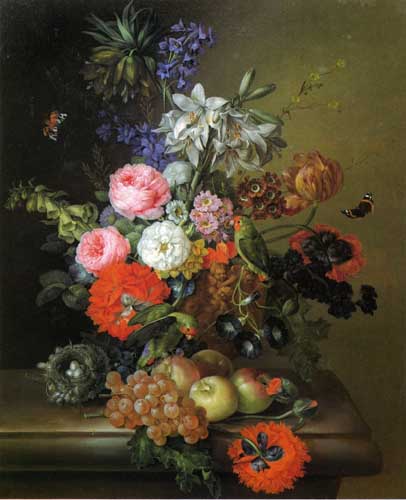 Painting Code#6135-Franz Xavier Petter - Still Life with Flowers, Parakeets and Butterflies