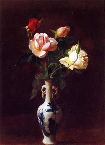 Painting Code#6136-George Cochran Lambdin - Roses in a Vase
