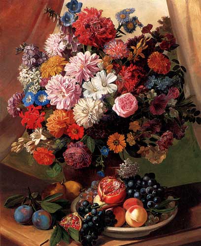 Painting Code#6142-Stoll, Leopold van: Roses, Morning Glory, Carnations, Peonies and Michaelmas Daisies in a Vase