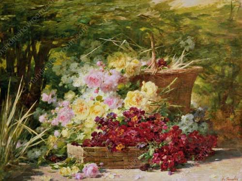 Painting Code#6145-Andre Benoit Perrachon - Flowers In a basket In a Wooded Glade