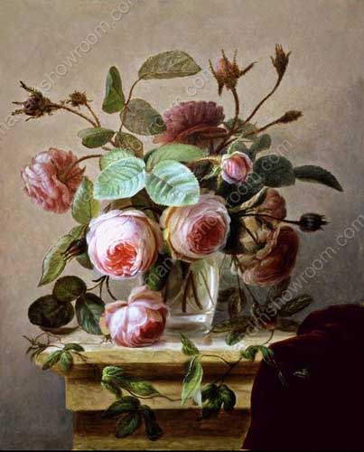 Painting Code#6151-Hans Hermann -A Still Life Of Pink Roses In A Glass Vase