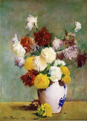 Painting Code#6157-Emil Carlsen - Still Life of Chrysanthemums in a Canton Vase