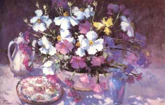 Painting Code#6169-Joyce Pike:Lavender,Matilija Poppies and Hibiscus