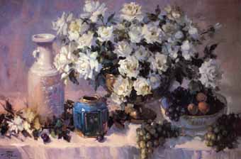 Painting Code#6184-Joyce Pike:Blue Antique Ginger Jar and White Roses
