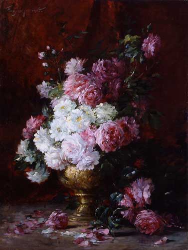 Painting Code#6192-Albert Tibule Furcy de Lavault: Still Life of Roses in a Vase
