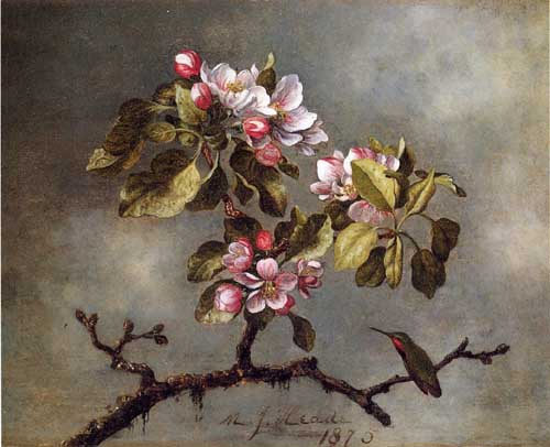 Painting Code#6205-Martin Johnson Heade - Apple Blossoms and Hummingbird