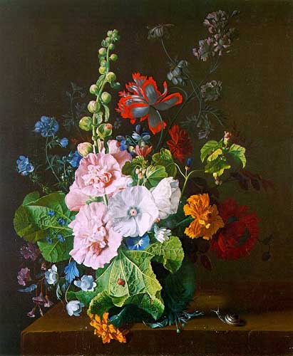 Painting Code#6208-Huysum, Jan Van(Holland): Hollyhocks and Other Flowers in a Vase