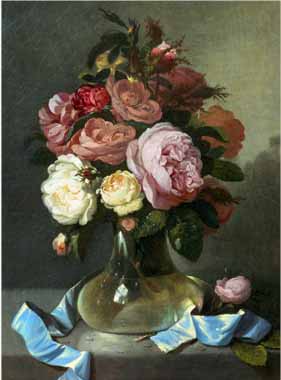 Painting Code#6211-M. Haughton - Romantic Still Life of Roses in a Vase