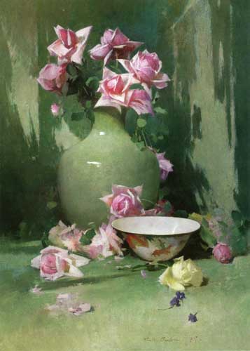 Painting Code#6231-Emil Carlsen - Vase of Roses