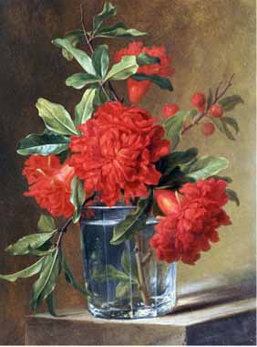 Painting Code#6233-Gerard Van Spaendonck - Red Carnations and a Sprig of Berries in a Glass on a Ledge