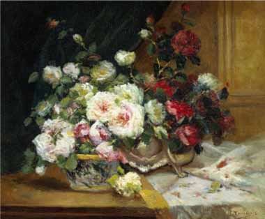 Painting Code#6245-Eugene Henri Cauchois - Bowl of Roses