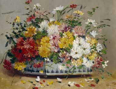 Painting Code#6246-Eugene Henri Cauchois - Bowl of Summer Flowers