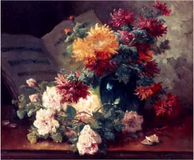 Painting Code#6247-Eugene Henri Cauchois - Chrysanthemums and Roses