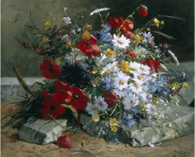 Painting Code#6249-Eugene Henri Cauchois - Daisies, Cornflowers Anf Poppies