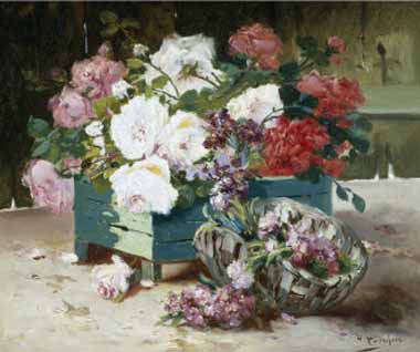 Painting Code#6250-Eugene Henri Cauchois - Pink and Red Roses