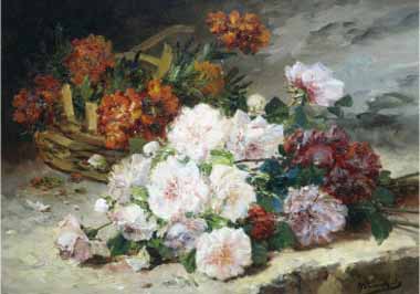 Painting Code#6252-Eugene Henri Cauchois - Roses and Gillyflower