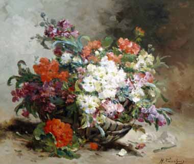 Painting Code#6257-Eugene Henri Cauchois - Summer Flowers Arranged in a Basket
